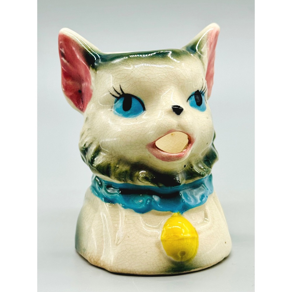 Vintage Cat Creamer Pitcher Blue Eyes Yellow Bell Mid Century Kitsch 4 inch